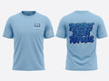 Restart Reset Refocus Tee – front and back view in sky blue