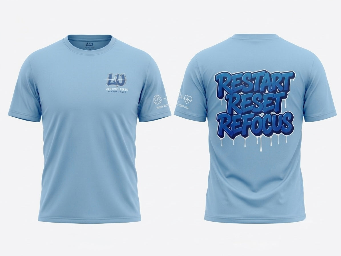 Restart Reset Refocus Tee – front and back view in sky blue