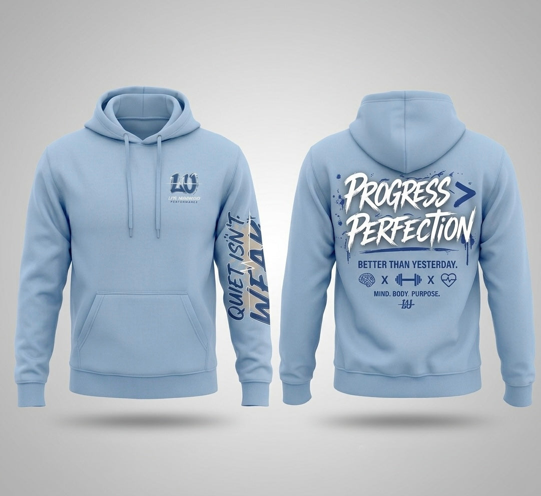 Progress > Perfection Hoodie – front and back view in sky blue