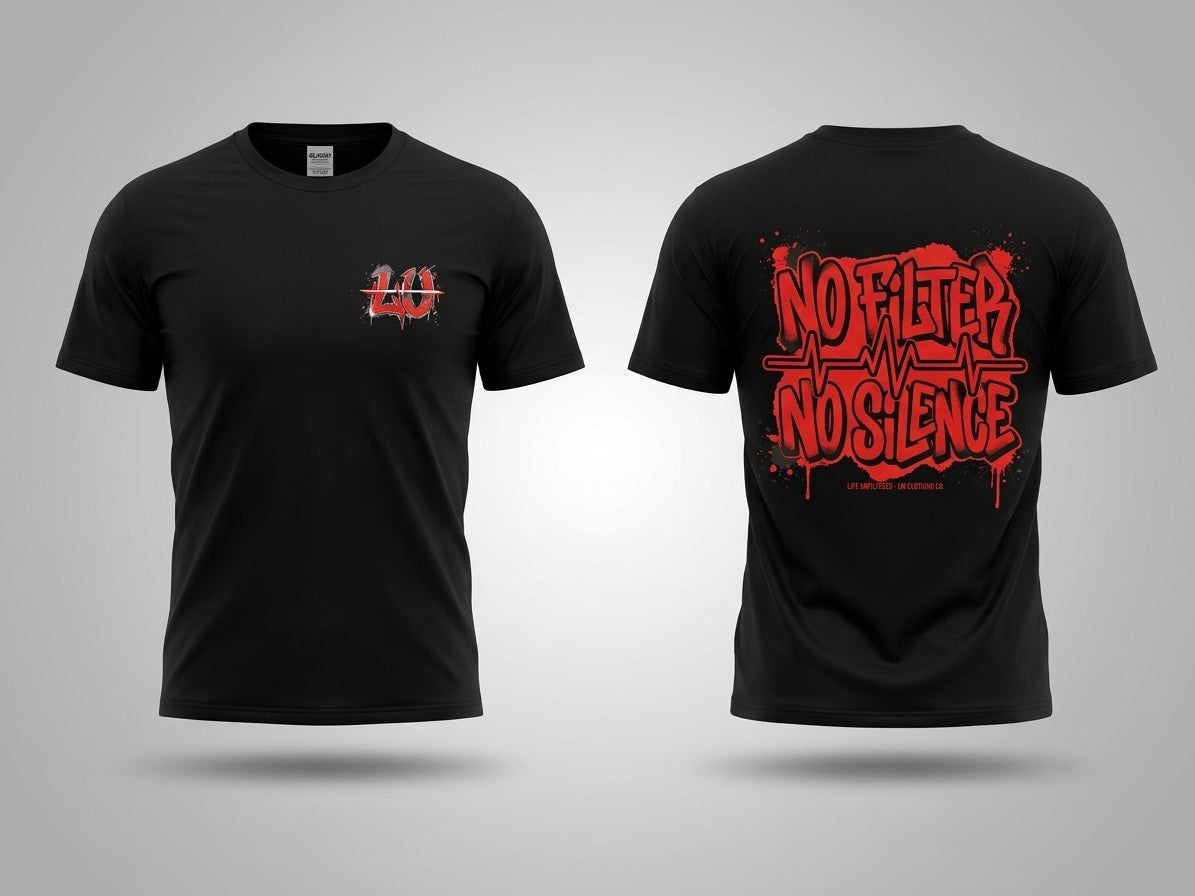 No Filter No Silence Tee – front and back view in black with red graphic